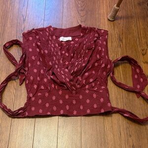 Anthropologie V-neck Burgundy Wrap Blouse with Pink Geometric Print
